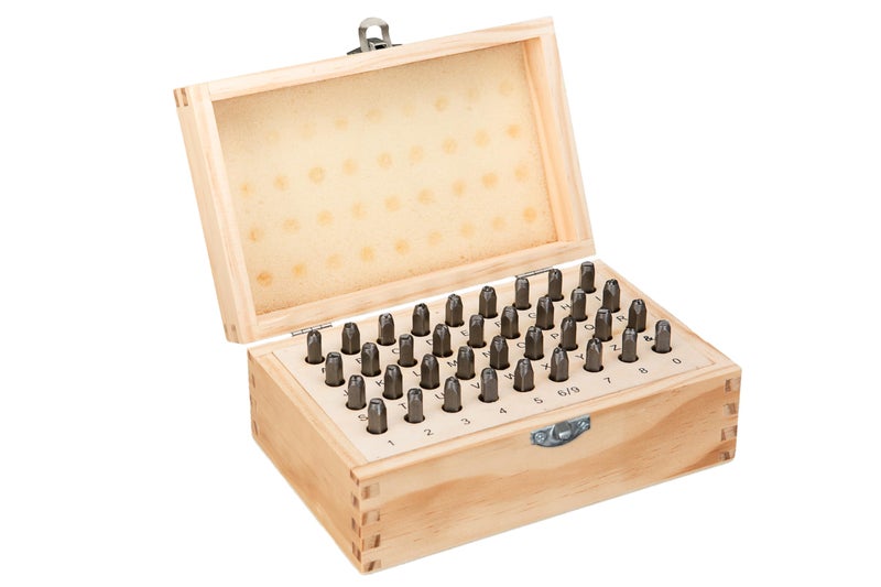 HimaPro Letter and Number Stamp Set 36pcs 40Cr Alloy Steel Metal Stamp Number & Letter Punch Set in a Wooden case (3mm 1/8 Inch) - Image 1